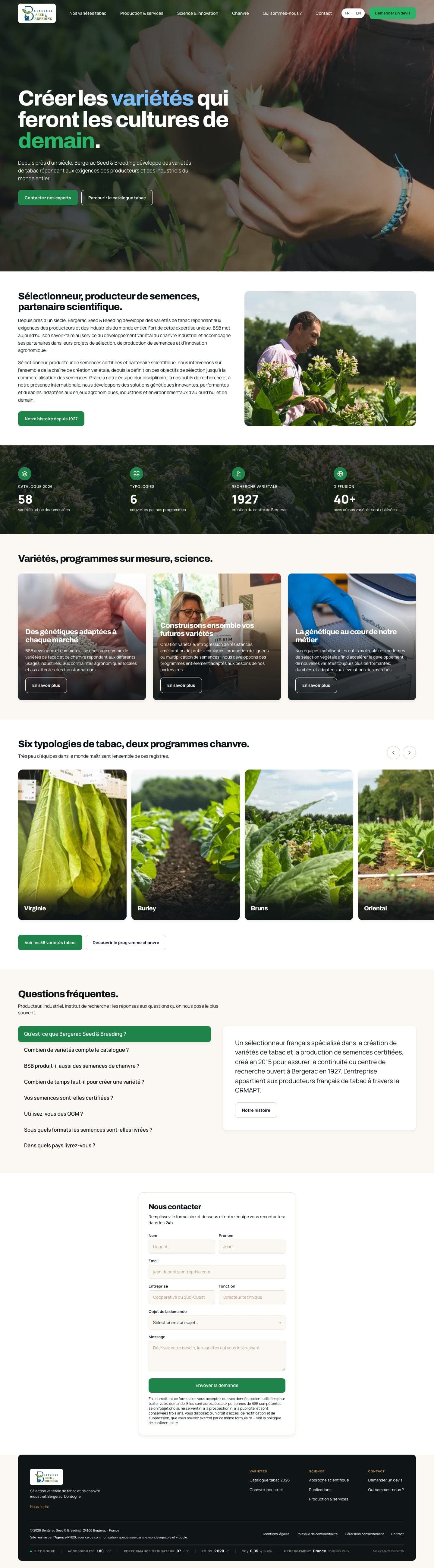 Page d’accueil complète de bergeracseed.com sur ordinateur : hero, présentation, chiffres, programmes, typologies, questions fréquentes, contact