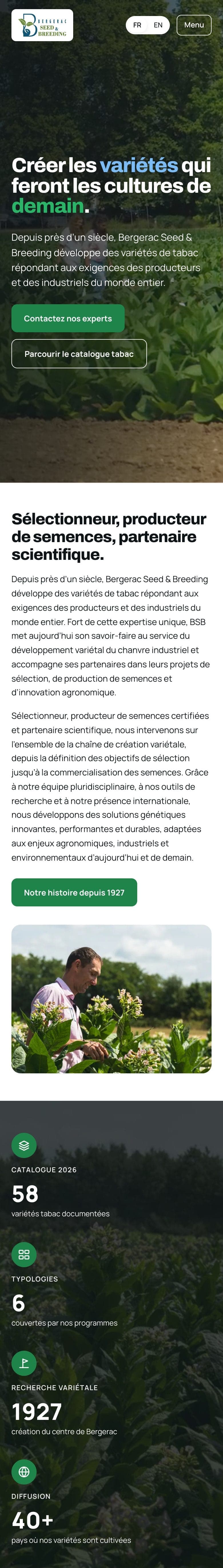 Page d’accueil complète de bergeracseed.com sur téléphone, les mêmes sections empilées