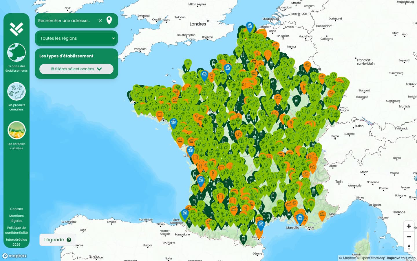 Carte de France couverte des établissements de la filière, filtres à gauche